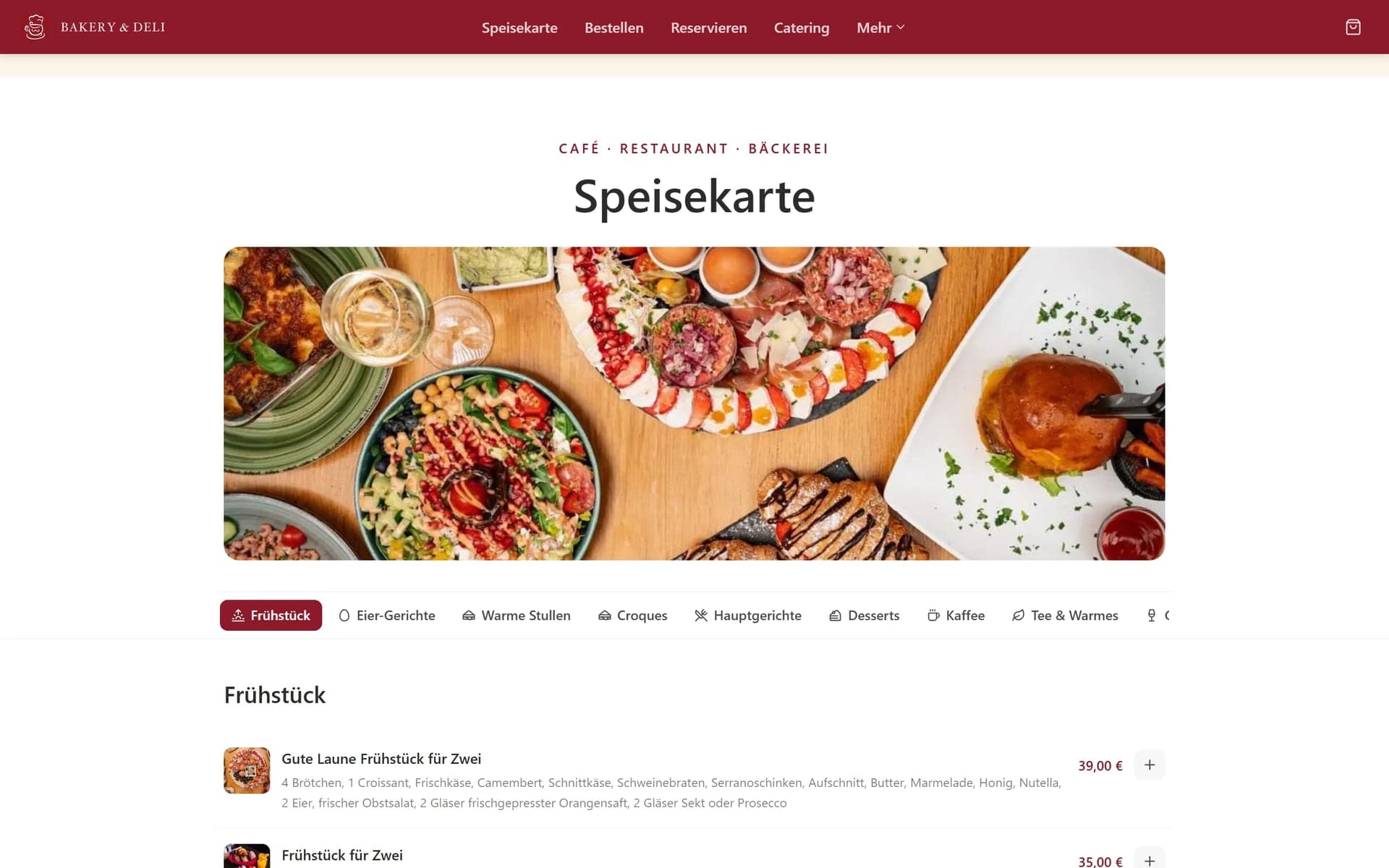 Speisekarte der Bakery-&-Deli-Website mit Kategorien und Filtern