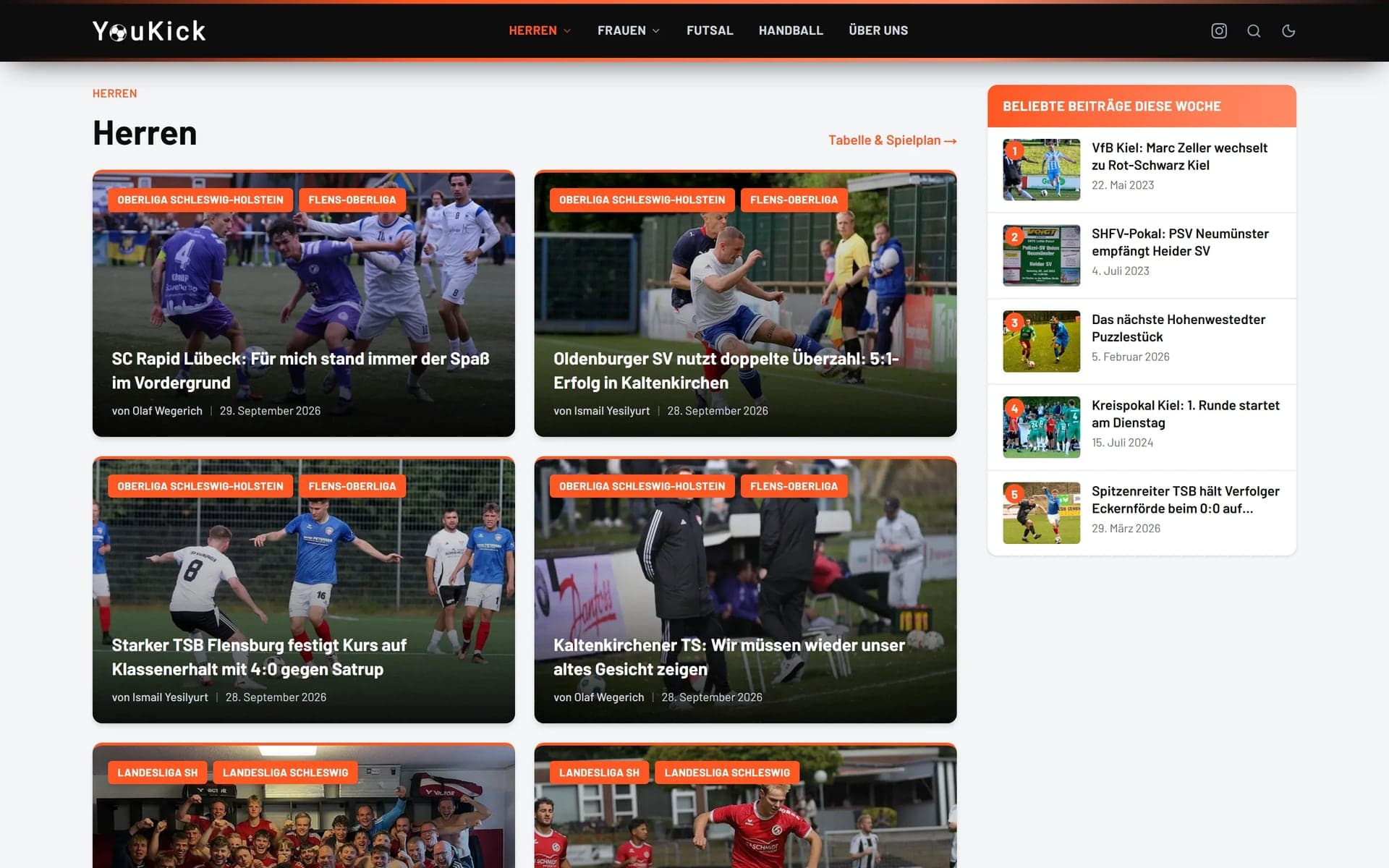 Kategorie-Übersicht Herren der YouKick-Website mit den neuesten Beiträgen